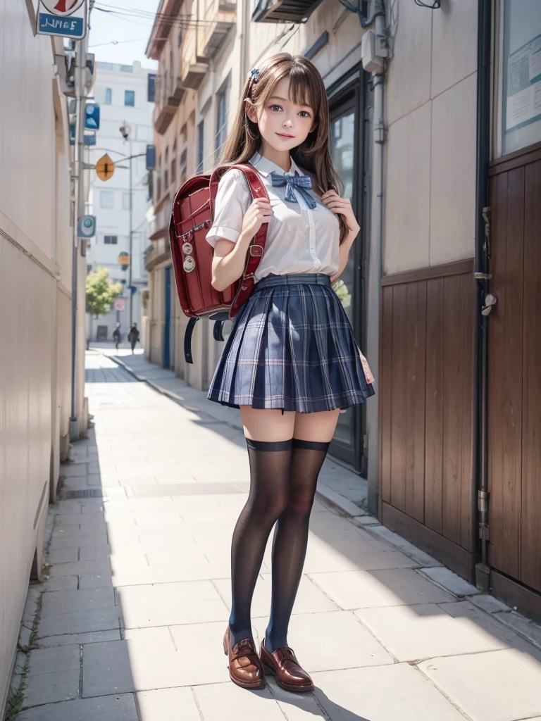 Masterpiece, hd, best quality, 1girl, brown hair, blue eyes, smile, long hair, hair clip, medium breasts, wear school uniform, white collared shirt, short Sleeves, blue bowtie, blue plaid skirt, black thighhighs, Brown shoes, wearing school backpack, red backpack, square backpack, standing, fullbody, outdoor