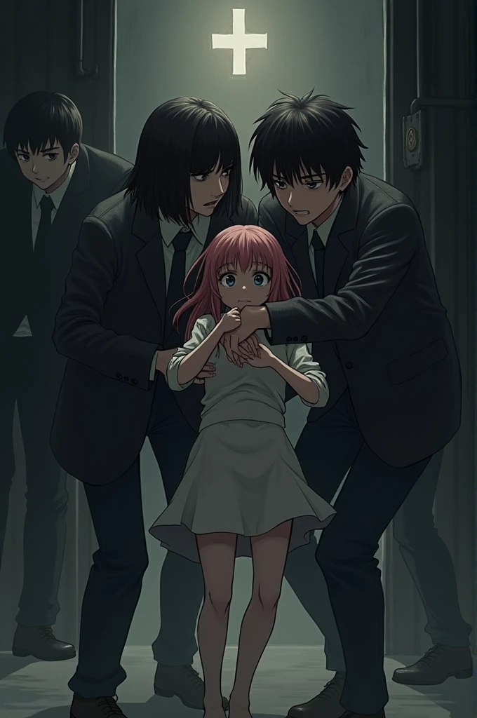 A group of high school girls wearing black long skirts、The boy lying on the floor has his neck grabbed、a bag is placed over his head to suffocate him.。,Girl with pink hair、blue eyes、Twin Drill