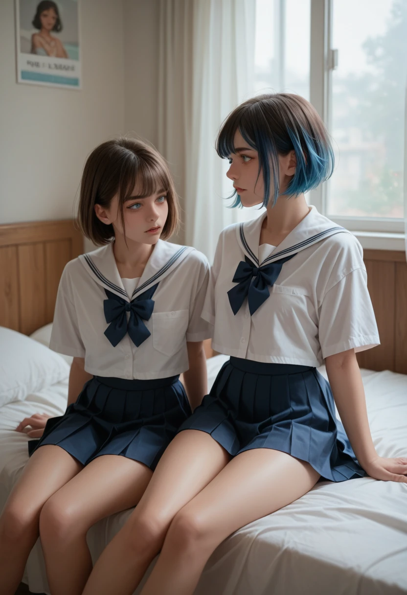 two teenage girls, , sexy school uniform, short hair, dark brown with blue highlights, very light pale blue eyes, big boobs, sitting on her bed, chatting with a friend, they change, they touch each other&#39;s pussy