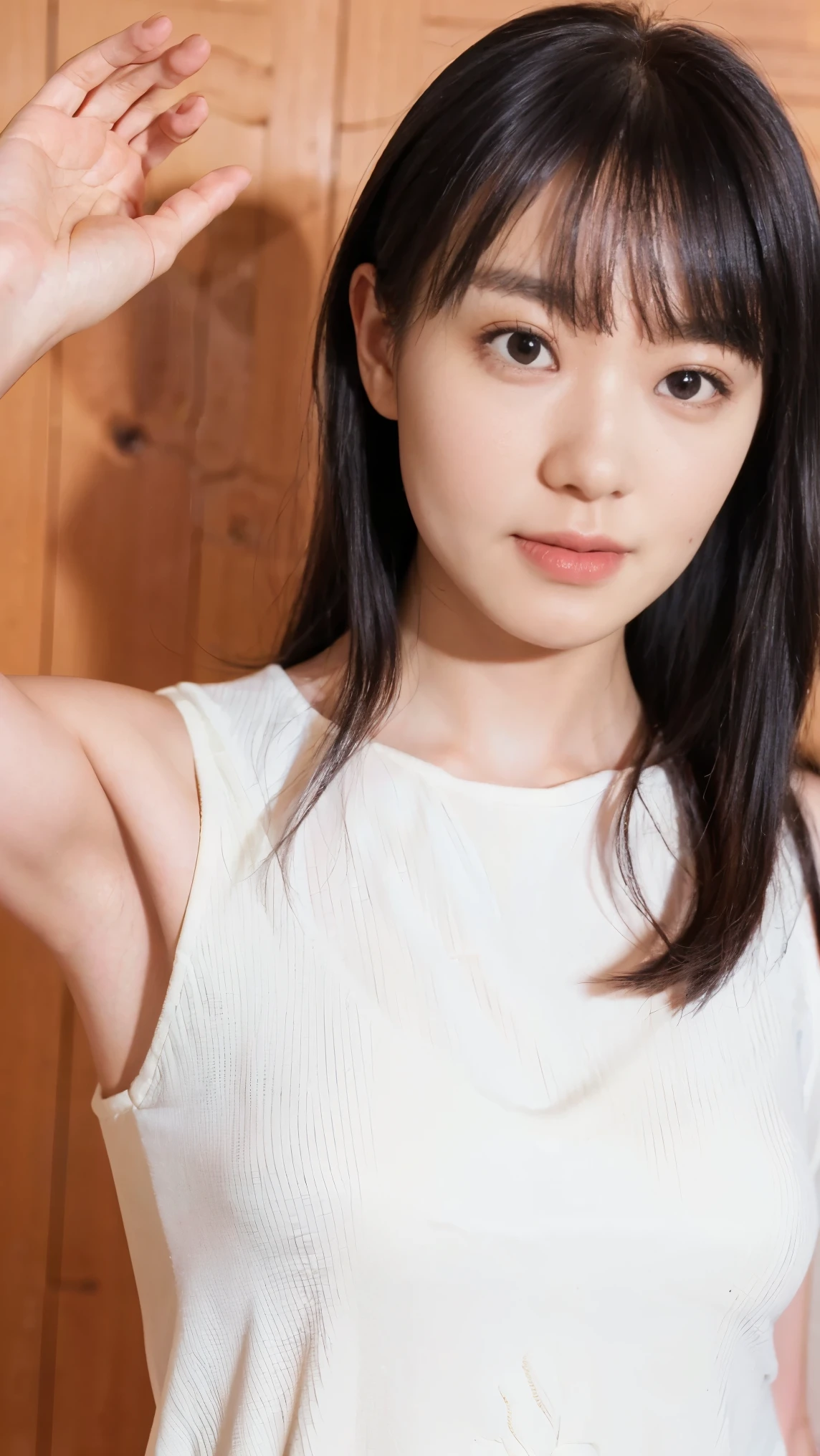 1girl, 25years old woman, (perfectly detailed face), (((Tank tops))), Small breasts, medium breasts, large breasts, cute face, beautiful face, ((looking at viewer)), Simple Background, ((white background)), ((white wallpaper)), White skin, (bright lighting:1.2), perfect lighting, armpits, Show one armpit, Smooth and beautiful armpits, smile, photorealistic, (bokeh), UHD, anatomically correct, highres, masterpiece