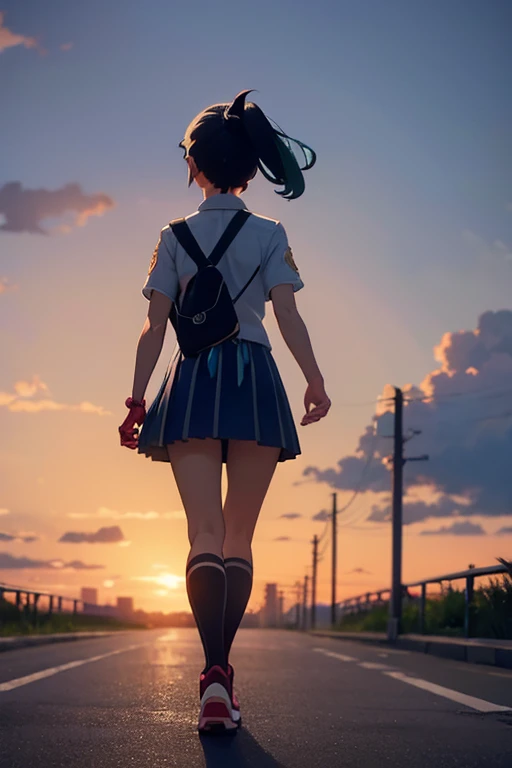 Back view of Nemo, a high school girl walking on an evening street