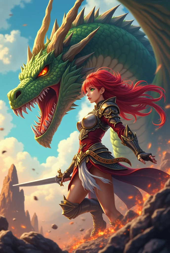 Highest quality,Highest Resolution,Beautiful girl warrior fighting a dragon,