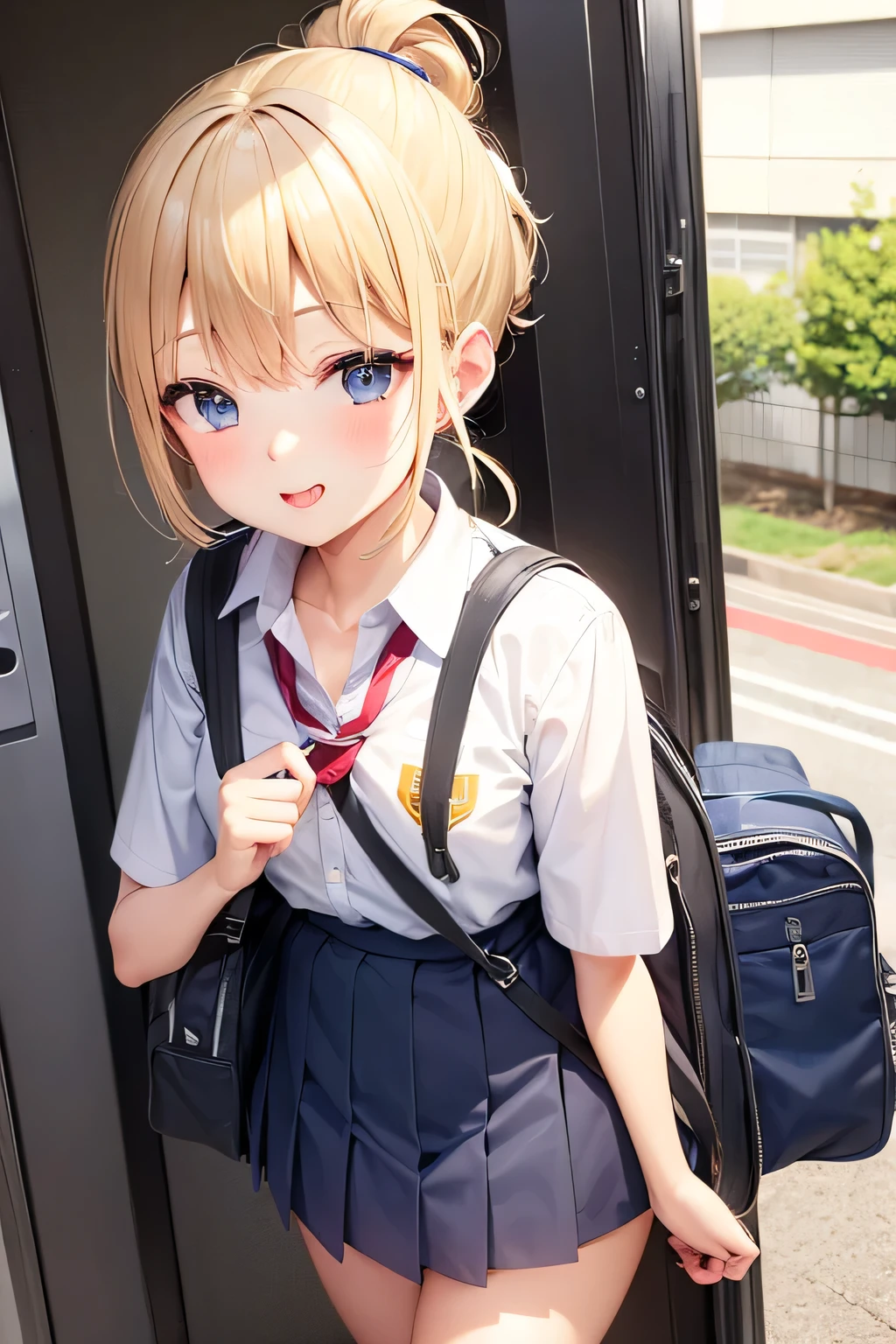 akizuki airi. oni chichi, masterpiece, best quality, super detailed, illustration, flat color, depth of field,
1 girl, young, anime, standing, bus, full-length, blonde, twintails, sideways, looking at the viewer, red pleated miniskirt, wet white button-down shirt, school uniform, serafuku, blue tie, no bra, black tights, small backpack, detailed skin texture, detailed fabric texture, beautiful detailed face, big breasts, blue eyes, pregnant, tired