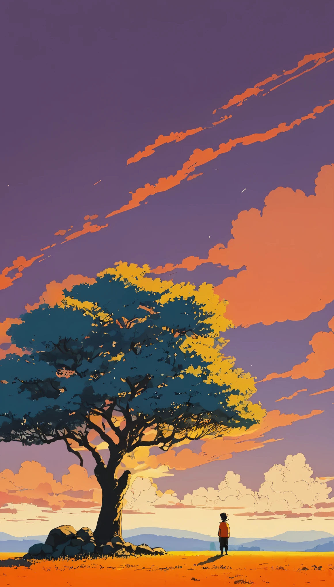 (Minimalism:1.4), Draw a simple art of lonely Tintin style an orange fruit tree sunset clouds , studio ghibli art, miyazaki, , Makoto Shinkai!!, anime movie background best quality best of SeaArt HD