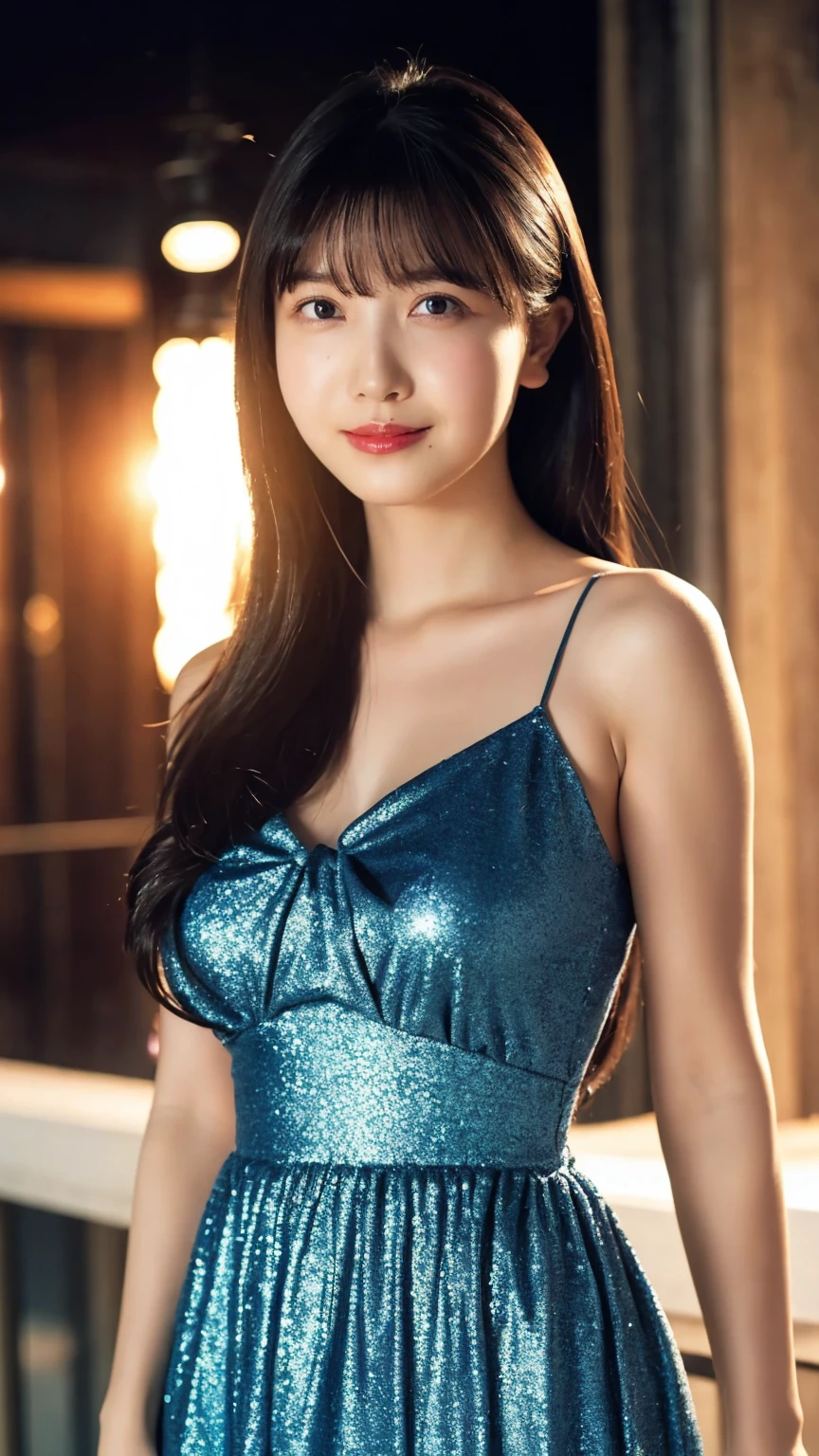 One girl,(Wearing a sparkly blue evening dress:1.2),(RAW Photos, Highest quality), (Realistic, photo-Realistic:1.4), masterpiece, Very delicate and beautiful, Very detailed, 2k wallpaper, wonderful, In detail, Very detailed CG unity 8k wallpaper, Very detailed, High resolution, Soft Light, Beautiful detailed, Very detailed eyes and face, Beautifully detailed nose, Beautiful attention to detail,Cinema Lighting,City lights at night,Perfect Anatomy,Slender body,A light smile,close,(Long hair with bangs), Large Breasts