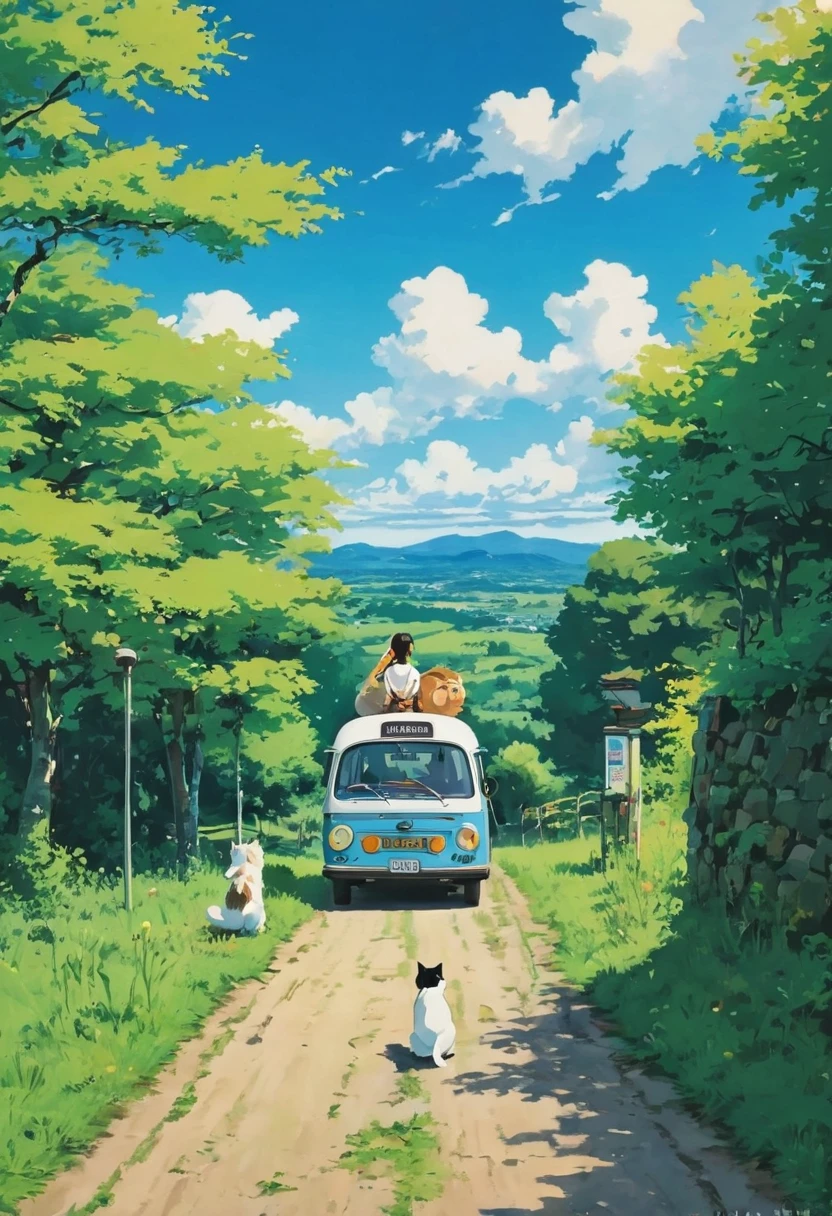 (Minimalismo: 1.4), minibus on the road, German van, Ghibli studio art, Miyazaki, meadow with blue sky and white clouds, back view of Matsu girl and cat at the bus stop,