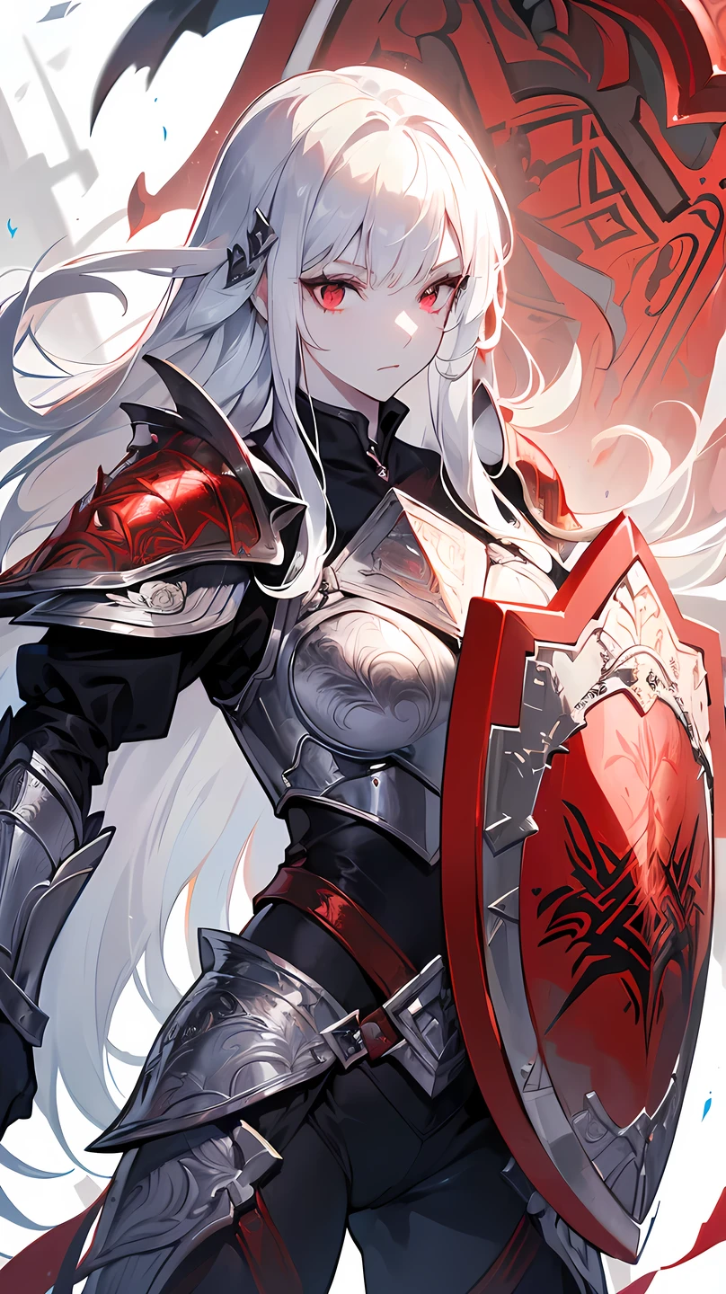 ((best quality)), ((masterpiece)), (detailed), perfect face, Albino warrior, ((long white hair, white skin, red eyes)), black magic sword, (Great sword engraved with red runes), crazy eyes, haggard cheeks, fantasy novel, 2 lady, ((Silver armor, gloves, and a shield with a pattern engraved on it))