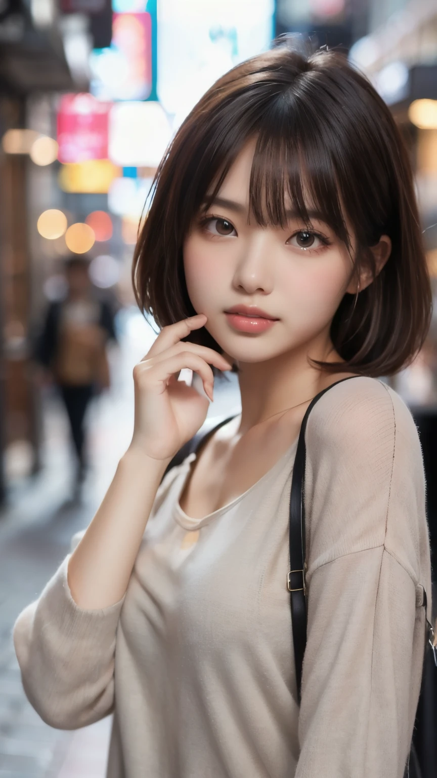 8k,Best Quality,(masterpiece:1.2),(Realistic),(Realistic:1.37),Ultra-high resolution,Female university student 1 person,Droopy eyes,Beautiful teeth alignment, Looking down from above,Well-formed fingers,Shinjuku,(((Cute casual clothes))),Big Breasts,Perfect body,Perfect Fingers,Beautiful Skin,Professional Lighting,gravure,Detailed face and skin texture,fine grain,RAW Photos