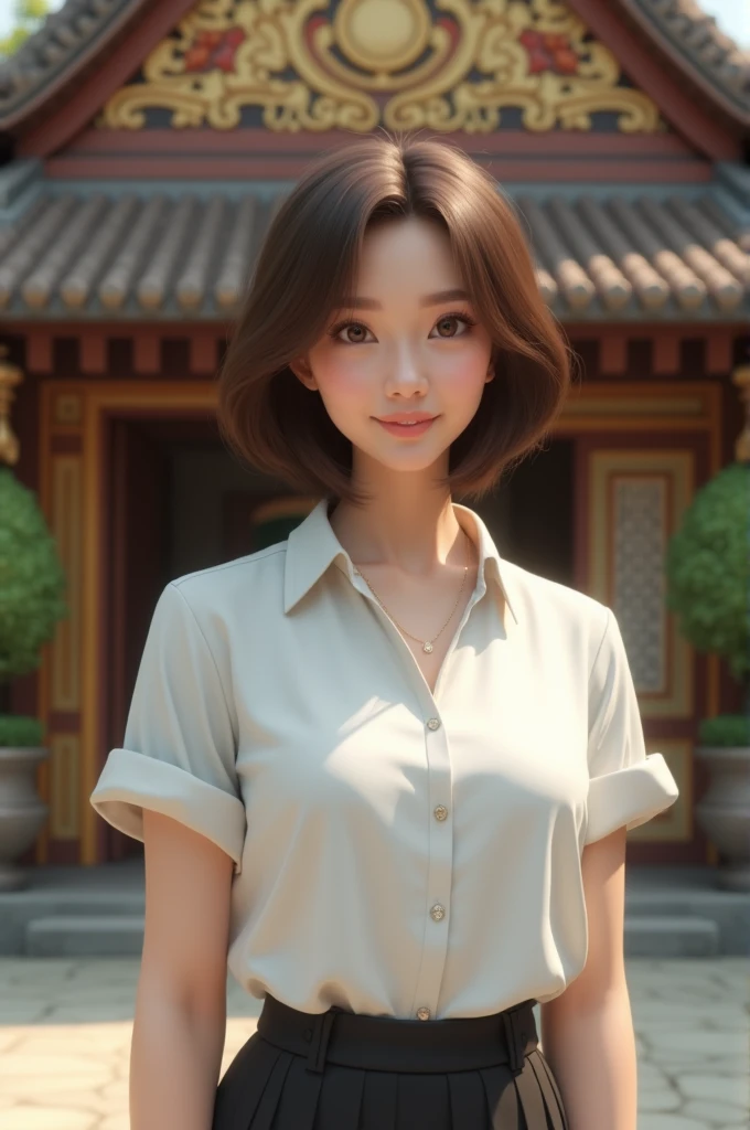Super beautiful, high resolution, masterpiece, super realistic, a sunny beautiful Asian beauty, elegant and generous, 22 years old, delicate collarbone, beautiful and delicate face, smile, beautiful big eyes, smart and spiritual, perfect body, ultra-short pleated skirt, ultra-low chicken heart without suspender bandeau, sun, balcony, breeze, beautiful sky,