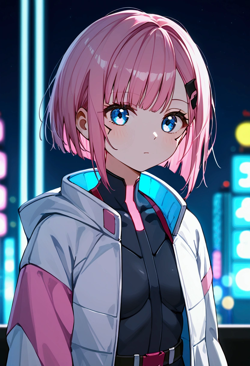 nai3, **Description:** cute anime girl, natural facial expression, short pink bob cut hair, asymmetrical bangs, black body suit with pink and grey accents, white and pink jacket, open with sleeves hanging, black belt with various compartments, minimal hair accessories, standing pose, one arm relaxed, looking slightly to the side, large blue eyes, smooth skin, cyberpunk city background, brightly lit billboards, neon lights, futuristic urban environment, balanced lighting, vibrant color scheme, lively and energetic atmosphere, front view, close-up shot, shallow depth of field, sharp focus on subject.