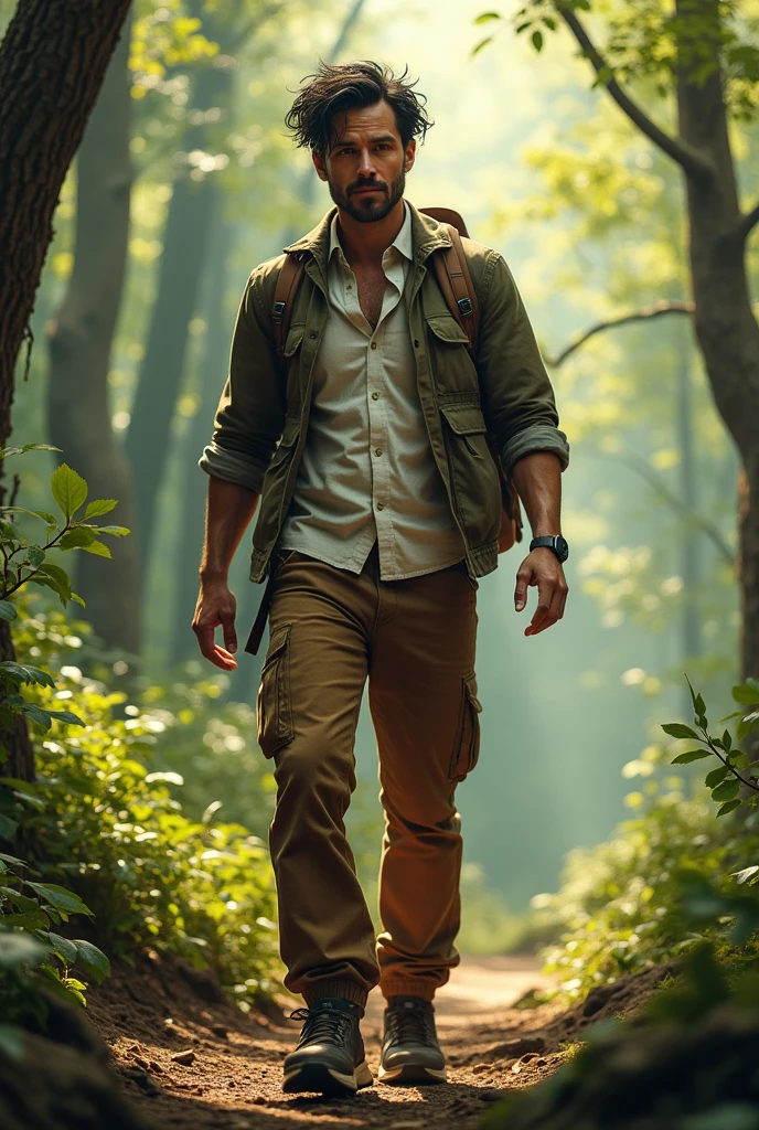 generate a master photograph describing a shapely Man, a peaceful forest scene with tall trees and dappled sunlight filtering through the leaves, (8K, best quality), he has a physique like Jun Shison, long sleeves,  smile, brown hair, black hair, (hard chest, six pack, v cut), half body, walking along a forest path with a relaxed and content expression, wearing comfortable hiking clothes and carrying a small backpack, (He has sexy buttocks, Most sexy booty, Most sexy glutes), Manly, Mancore, (He has fit hips, sexy hips, sexy fit hips, extremely sexy hips), (asian skin, glistening skin, beautiful complexion), shot on Fujifilm superia, (Studio soft light, high detail, cinematic lighting, rim lighting), Style: (hyperrealistic, by DynastySeries FashionNova, photo, {{{masterpiece photography}}}, analog photograph, professional fashion photoshoot, trending on artstation, synthwave, krrrsty), Quality: (photographed, masterpiece, highest resolution), Definition: (highres, sharp focus, 8k uhd, ultra photo-realistic resolution), Film: (80 mm, shot on portra 120, shot on Fujifilm), Resolution: (extremely detailed, (sharp focus:1.5), cinematic lighting, dramatic lighting, ultra photo-realistic), luxury: mohawk hairstyle    