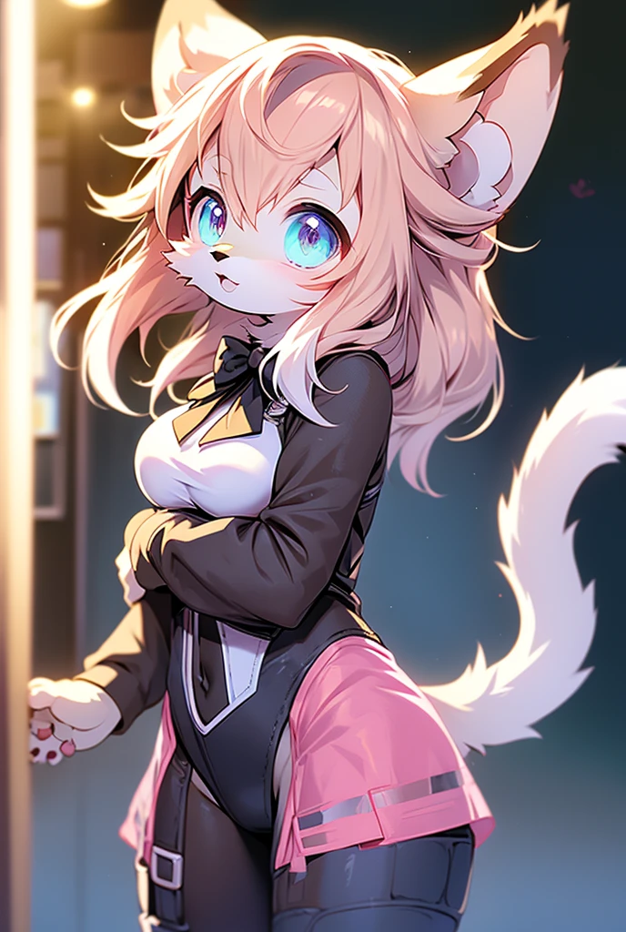 Extremely detailed, beautiful, Fair, masterpiece, best quality, Calming color palette, Peace of mind,White,White绒毛,Fluffy white ears and tail,blush blush,HD Wallpapers,16k resolution, Powerful blue eyes,hairy尾巴,Pink cat ears,Plush body,paw,hairy,浑身hairy,Long legs,blush,White迷你裙,White毛发,look up