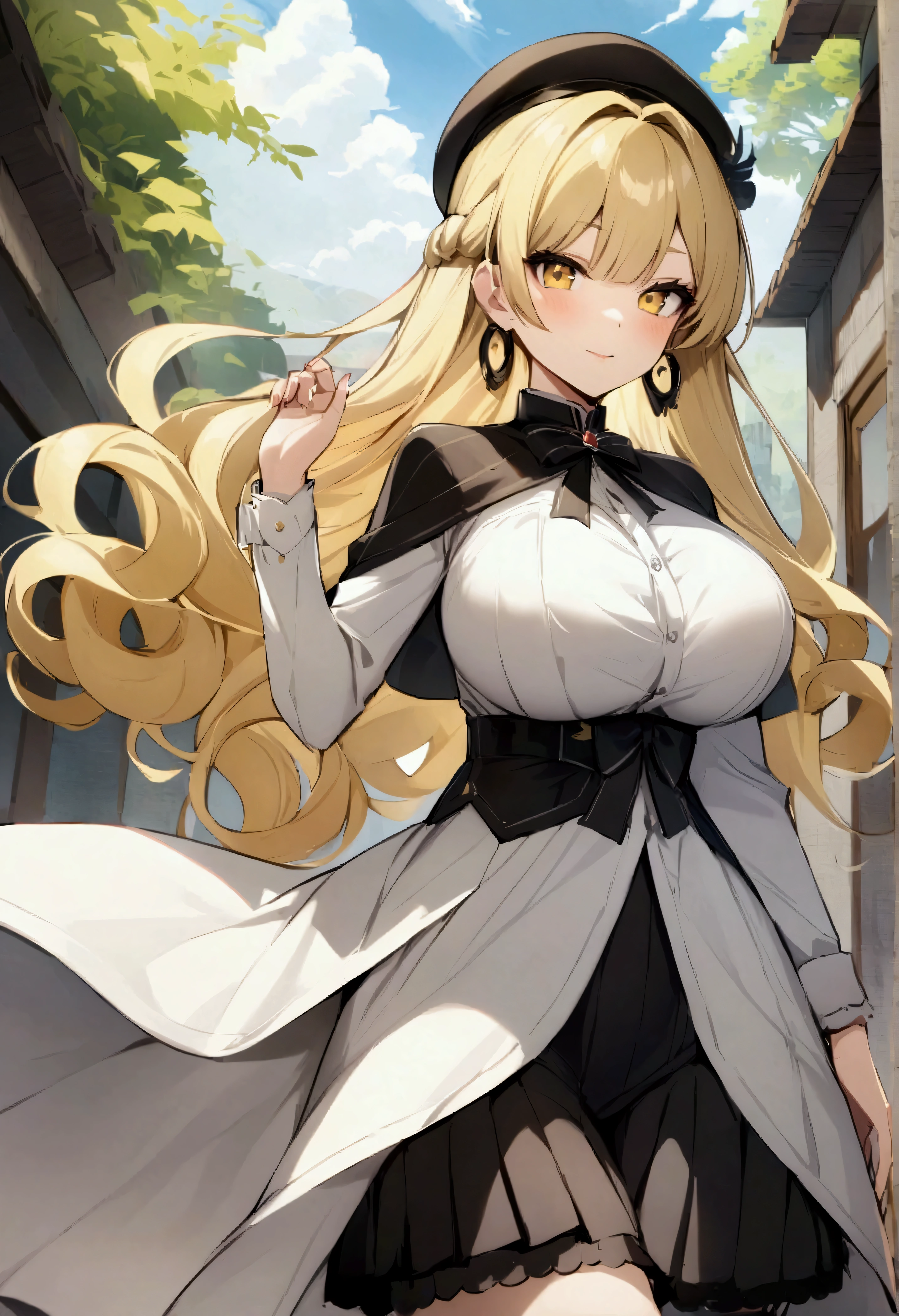 masterpiece, best quality, very aesthetic, absurdres, 1girl, mature_lady,black_dress,,touhou, kirisame_marisa, blonde_hair, eyelashes, hair_between_eyes, hair_bow, long_hair, sidelocks, single_braid, very_long_hair, yellow_eyes, black_hat, hat, hat_bow, witch_hat,,in street,floating droplets of water,