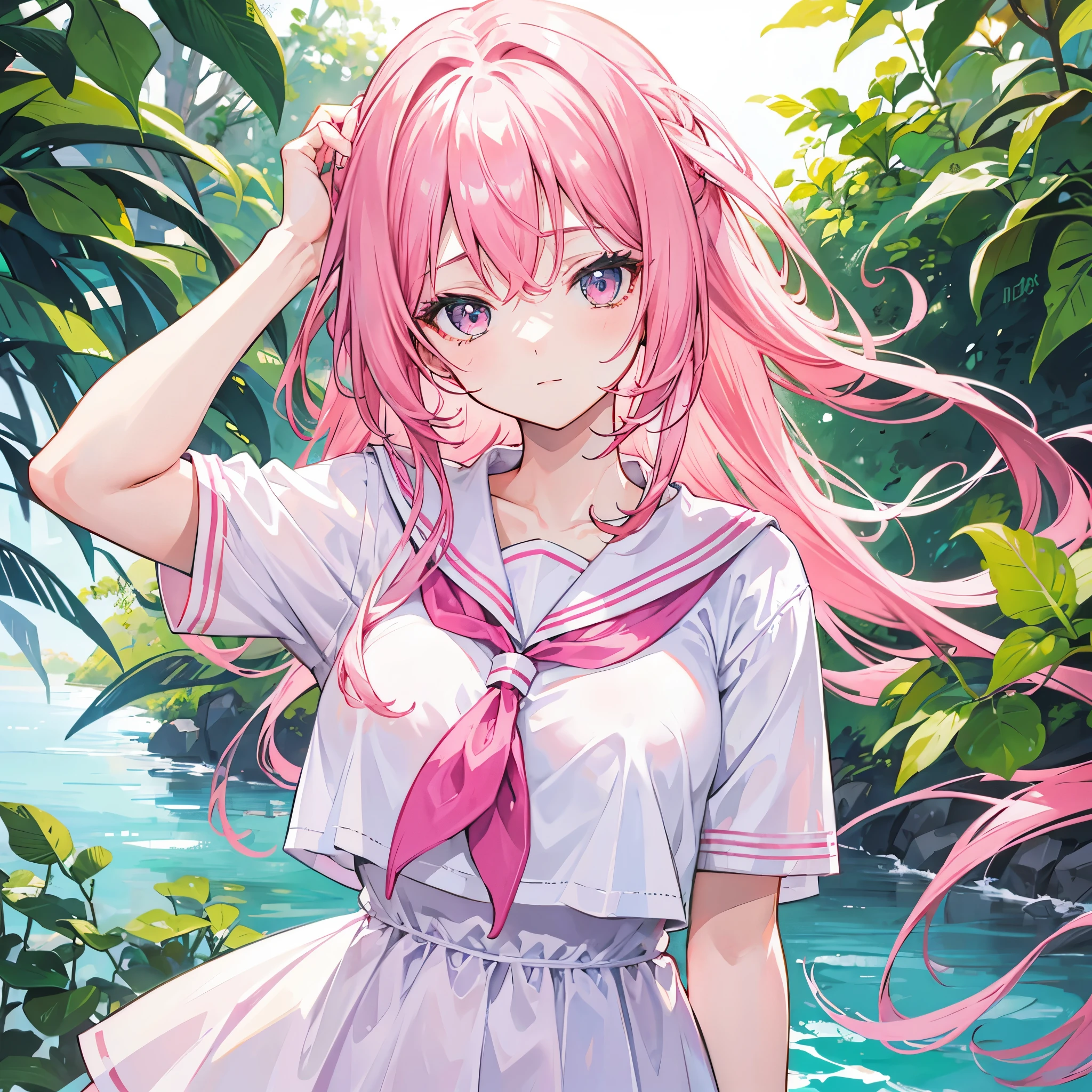 beautiful illustrations, highest quality, (12 year old girl:1.4)、(pretty girl:1.5)、、(inside the aquarium)、flat chest、sailor collar、(White long tunic)、long sleeve sailor suit、Blue-line cuffs、(pink chino shorts:1.4)、(pink shorts with wide opening:1.2)、Gap between thigh and pants、slim thighs、white socks、 cinematic lighting, (pink long hair)、pink straight hair、redness of cheeks、(Braiding of the back of the head)