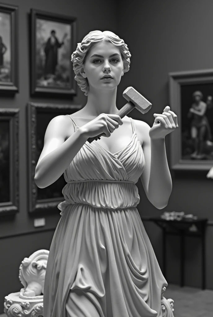 Image en noir et blanc d'une statue de femme en robe, ses bras et ses mains muni d'un marteau et d'un petit burin, se sculte elle meme, pour former son buste. Elle taille dans son propre marbre. Le fond d'image est dans un musée (floutée) avec des tableau (en couleurs).