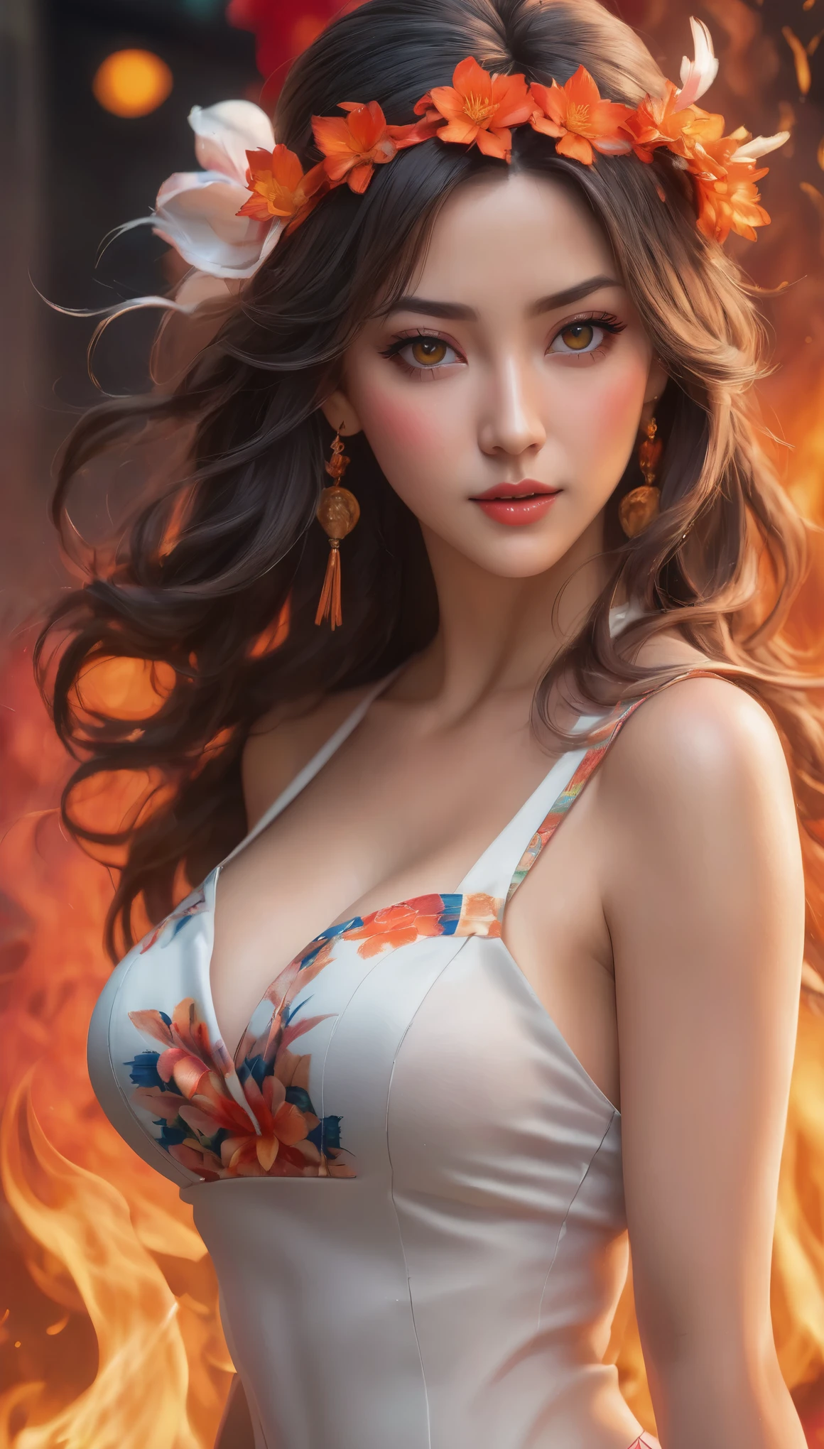 (best quality, 4k, 8k, high resolution, masterpiece: 1.2), ultra-detailed, (realistic, photorealistic, photorealistic: 1.37), beautiful detailed eyes, full lips, expressive face, a girl, long hair and wavy, flower hat, flawless porcelain skin, perfect proportions, seductive look, captivating look, clothes in iridescent fabric like araco-iris, strapless, revealing and tight, intricate and detailed, captured from the knee up, bright and vibrant colors, dynamic lighting, shadows and highlights, fire and smoke background, vibrant red and orange tones, anime art style, focus on Mai Shiranui character, sexy and confident pose, sensuality, energy, intensity