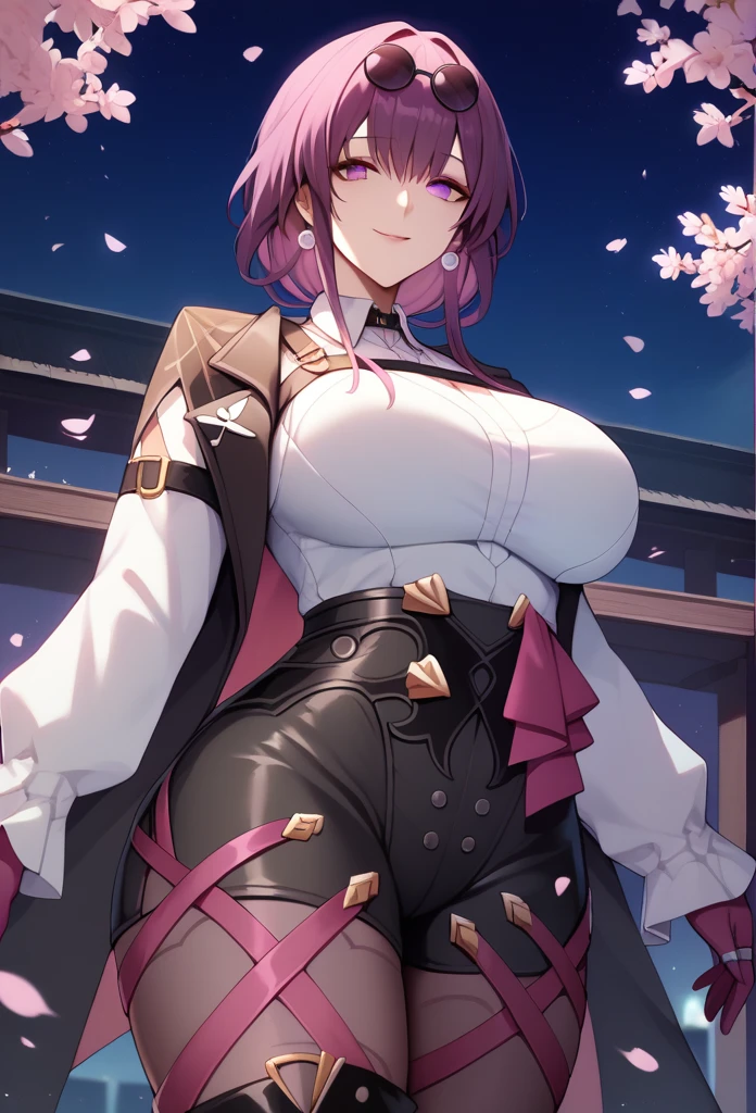 One Girl,Kafka, Purple eyes, Purple Hair, bangs, Side Lock, Please put your glasses on your head, earring, White shirt, Collared shirt, Long sleeve black jacket, Jacket on shoulders, Harness, Large Breasts, Purple gloves, Black shorts, High Waist Shorts, Purple thigh straps, pantyhose, Single thigh high boots,There are no students, Black choker, ring, Expose your shoulders, pearl earring, Armband,masterpiece, Anatomically correct, 8k,(background,Cherry Blossoms at Night,detailed),Cowboy Shot, Composition looking up from below,A seductive smile, 