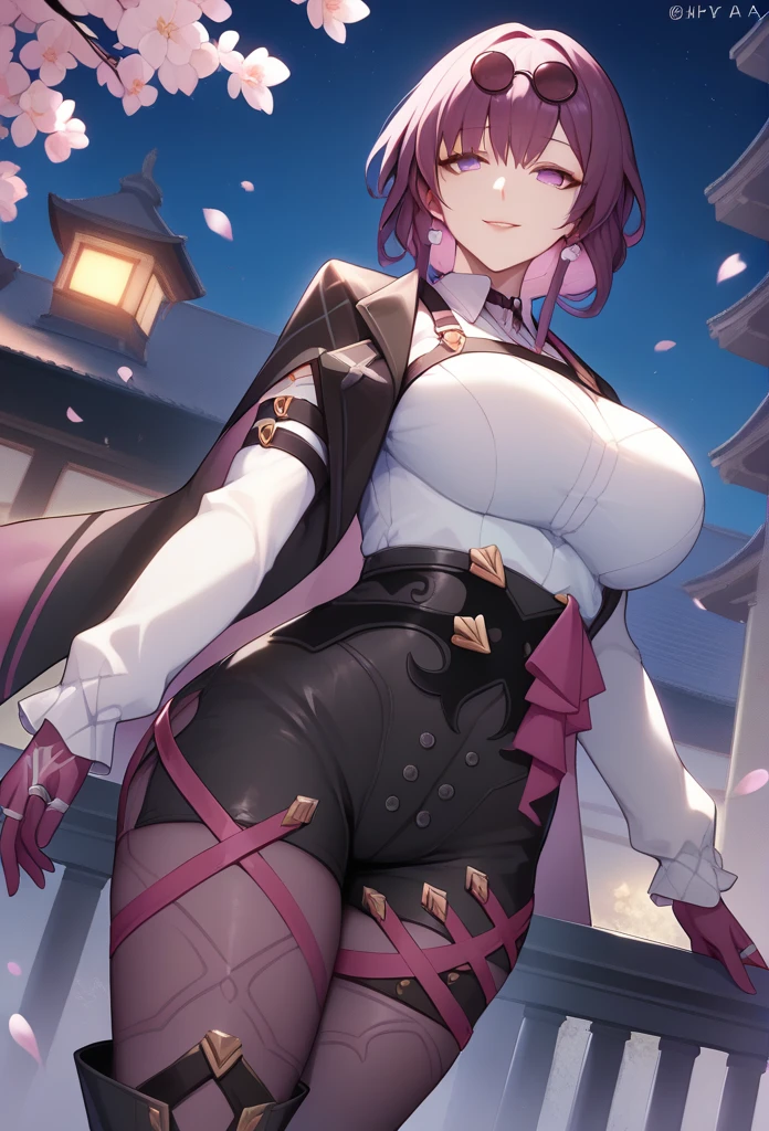 One Girl,Kafka, Purple eyes, Purple Hair, bangs, Side Lock, Please put your glasses on your head, earring, White shirt, Collared shirt, Long sleeve black jacket, Jacket on shoulders, Harness, Large Breasts, Purple gloves, Black shorts, High Waist Shorts, Purple thigh straps, pantyhose, Single thigh high boots,There are no students, Black choker, ring, Expose your shoulders, pearl earring, Armband,masterpiece, Anatomically correct, 8k,(background,Cherry Blossoms at Night,detailed),Cowboy Shot, Composition looking up from below,A seductive smile, 