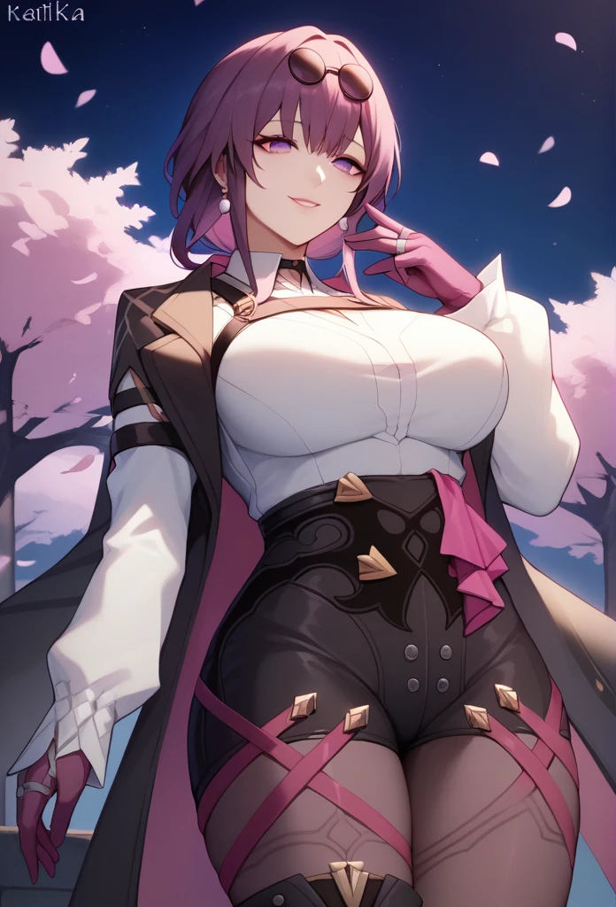 One Girl,Kafka, Purple eyes, Purple Hair, bangs, Side Lock, Please put your glasses on your head, earring, White shirt, Collared shirt, Long sleeve black jacket, Jacket on shoulders, Harness, Large Breasts, Purple gloves, Black shorts, High Waist Shorts, Purple thigh straps, pantyhose, Single thigh high boots,There are no students, Black choker, ring, Expose your shoulders, pearl earring, Armband,masterpiece, Anatomically correct, 8k,(background,Cherry Blossoms at Night,detailed),Cowboy Shot, Composition looking up from below,A seductive smile, 