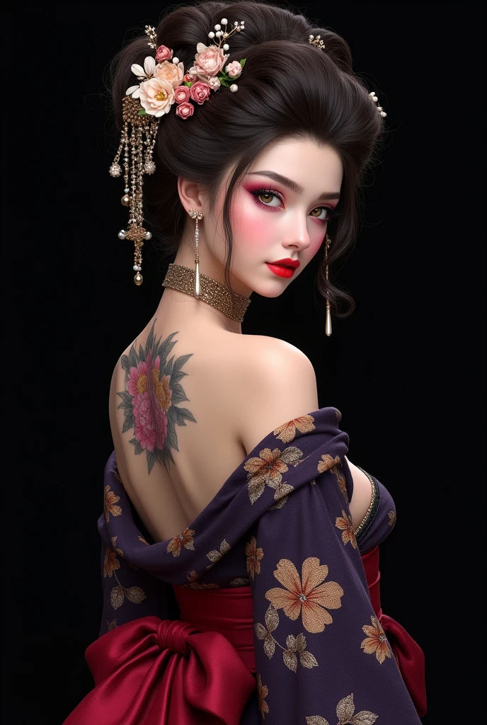 (best quality,highres:1.2), (photorealistic:1.4),close up portrait,1girl,solo, yakuza girl, grass field,hips up high,look at viewer,detailed face,beautiful detailed eyes,beautiful detailed lips,seductive smile,eyebrows well-groomed,long eyelashes,clear skin ,natural blush,slim body posture, huge breast, deep cleavage, kimono with intricate patterns,kimono made of high-quality silk, exposed shoulder,intricate detailed and vibrant irezumi tattoos on shoulder and breast,elegant and intricate jewelry,delicate necklace and earrings,traditional hair accessories,braid hair with bangs,shiny gemstones,soft and flawless makeup,soft and natural lighting,subtle shadows on the face,radiant and vibrant colors,photorealistic rendering, photon mapping