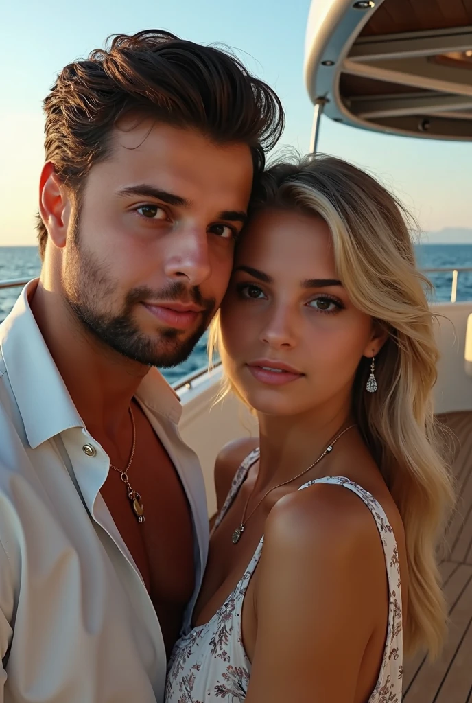 (Photorealism:1.1) a couple man dark brown hair and brown eyes together with a woman blonde green eyes long hair  in dentro de um yatch usando óculos Rayban 8k ultra realistic super detailed