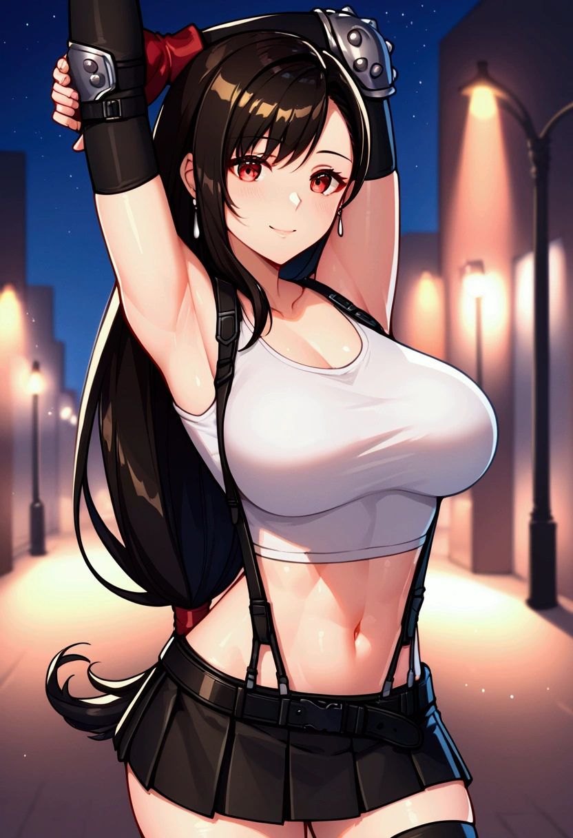 score_9,score_8_up,score_7_up,source_anime, masterpiece, best quality:1.2, recent, perfect anatomy, very aesthetic,(beautiful).straight-on,soro focus,cowboy shot,arms up:1.2,stretching,Solo,1girl, tifa lockhart, final fantasy,black hair, low-tied long hair, red eyes, bangs, white tank top,gap,(High exposure),belt, pleated skirt, thighhighs, elbow fingerless gloves, elbow pads, midriff, navel,suspenders.skirt,slender waist,(large_breasts),light smile,citystreet,night sky,night, depth of field、beautifully lit,great lighting,