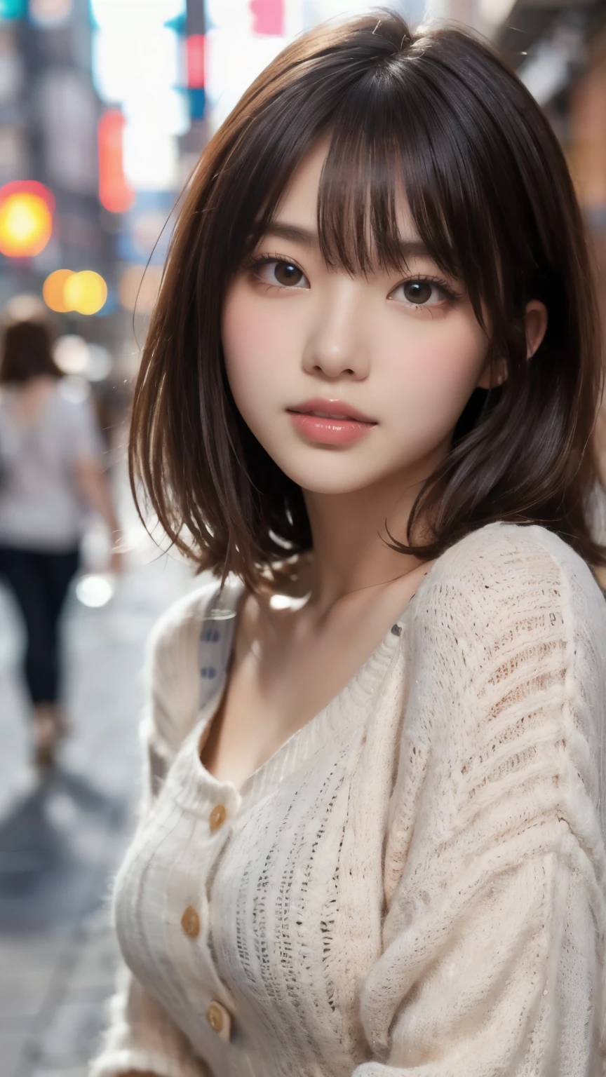 8k,Best Quality,(masterpiece:1.2),(Realistic),(Realistic:1.37),Ultra-high resolution,Female university student 1 person,Droopy eyes,Beautiful teeth alignment, Looking down from above,Well-formed fingers,Shinjuku,(((Cute casual clothes))),Big Breasts,Perfect body,Perfect Fingers,Beautiful Skin,Professional Lighting,gravure,Detailed face and skin texture,fine grain,RAW Photos