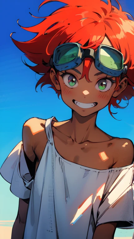 (Radical Ed:1.5), (Edward Wong Hau Pepelu Tivrusky IV), red hair, (Green goggles), white shirt, A once-in-a-millennium masterpiece, A photo you will never get again, Inexplicable high resolution, The cutest girl in the world, Ultra high definition eyes, Eyes that seem to draw you in, Jewel-like eyes, Extreme close up, very slender, clavicle, , spaceship on the background, blue sky, grin, shoulder