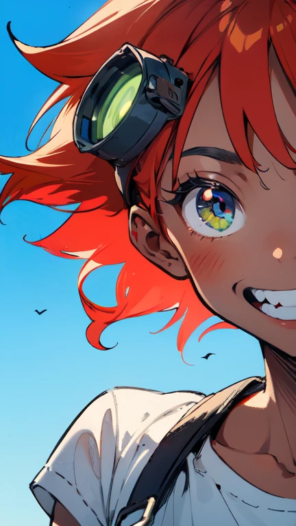 (Radical Ed:1.5), (Edward Wong Hau Pepelu Tivrusky IV), red hair, (Green goggles), white shirt, A once-in-a-millennium masterpiece, A photo you will never get again, Inexplicable high resolution, The cutest girl in the world, Ultra high definition eyes, Eyes that seem to draw you in, Jewel-like eyes, Extreme close up, very slender, clavicle, , spaceship on the background, blue sky, grin, shoulder