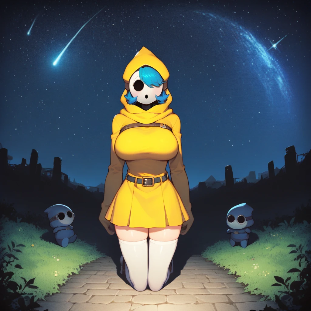 ((best quality)), ((highly detailed)), masterpiece, absurdres, (detailed eyes, deep eyes), (1girl), (shy gal), fisheye lense, full body, shygal, mask, (faceless), black eyes, (round eyes, wide eyes), eyelashes, no nose, blue hair, large breasts, (yellow hood), hood, sleeves past wrists, yellow skirt, [[belt]], white thighhighs, (outdoors, in a dark stone cavern, stalagmite, stalactites, midnight, night sky, stars, moonlight, shooting star)