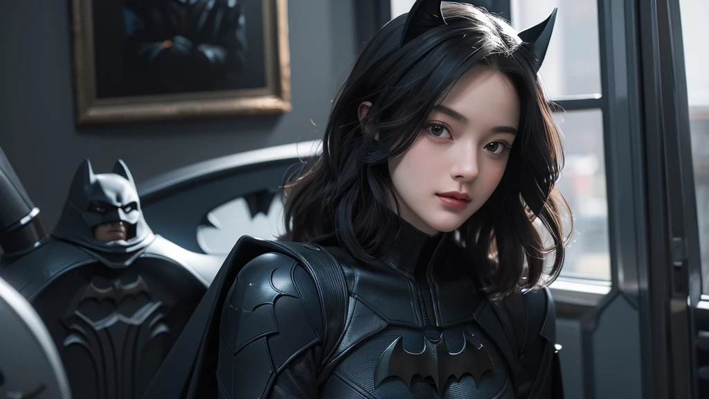 ((best quality)), ((masterpiece)), (detailed), 1girl,Batman&#39;s Suit、Big Breasts、The areola is small、Pink nipples、Place your fingers on your nipples、Cute Japanese、woman、Light in your eyes,Accentuate the cleavage、Batman&#39;s Suit