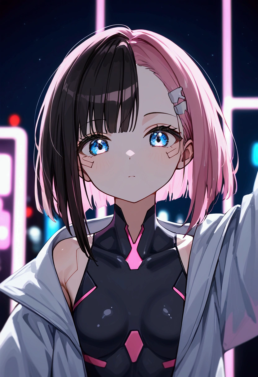 nai3, **Description:** cute anime girl, natural facial expression, short pink bob cut hair, asymmetrical bangs, black body suit with pink and grey accents, white and pink jacket, open with sleeves hanging, black belt with various compartments, minimal hair accessories, standing pose, one arm relaxed, looking slightly to the side, large blue eyes, smooth skin, cyberpunk city background, brightly lit billboards, neon lights, futuristic urban environment, balanced lighting, vibrant color scheme, lively and energetic atmosphere, front view, close-up shot, shallow depth of field, sharp focus on subject.