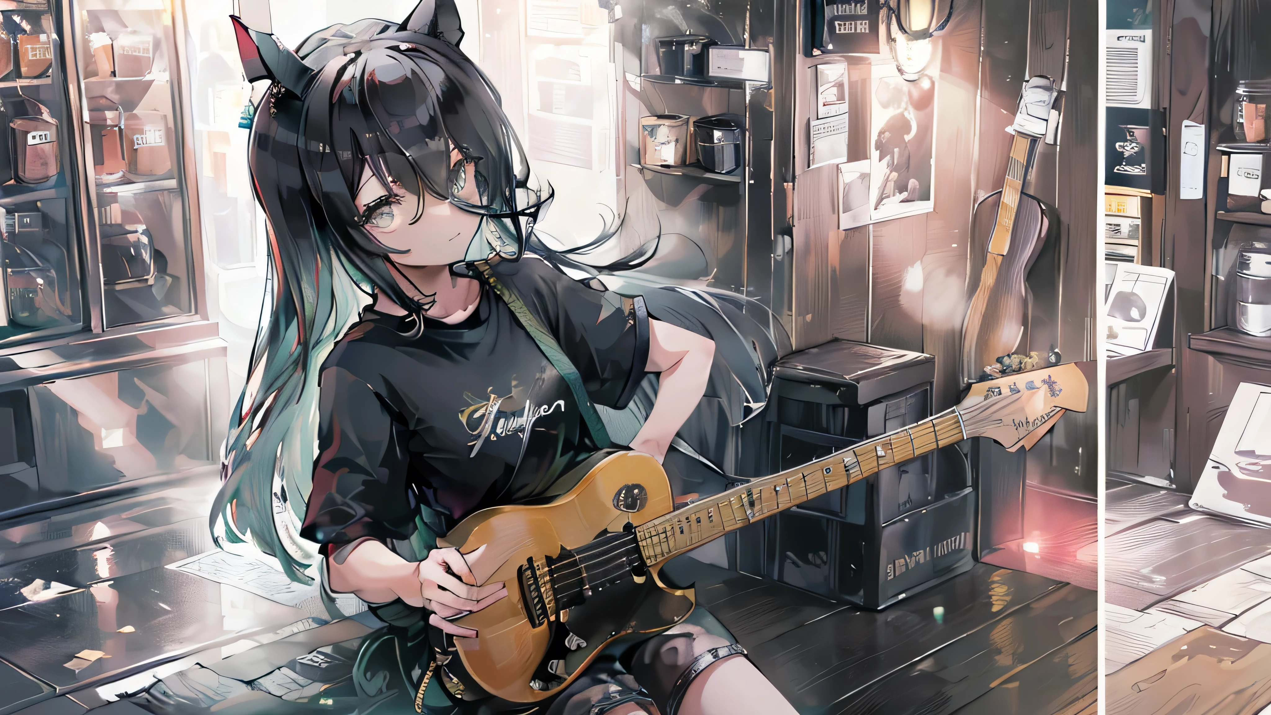 masterpiece, Highest quality, High resolution, Very detailed,(((Manhattan Cafe with a guitar))), (((Black T-shirt))), Black shorts