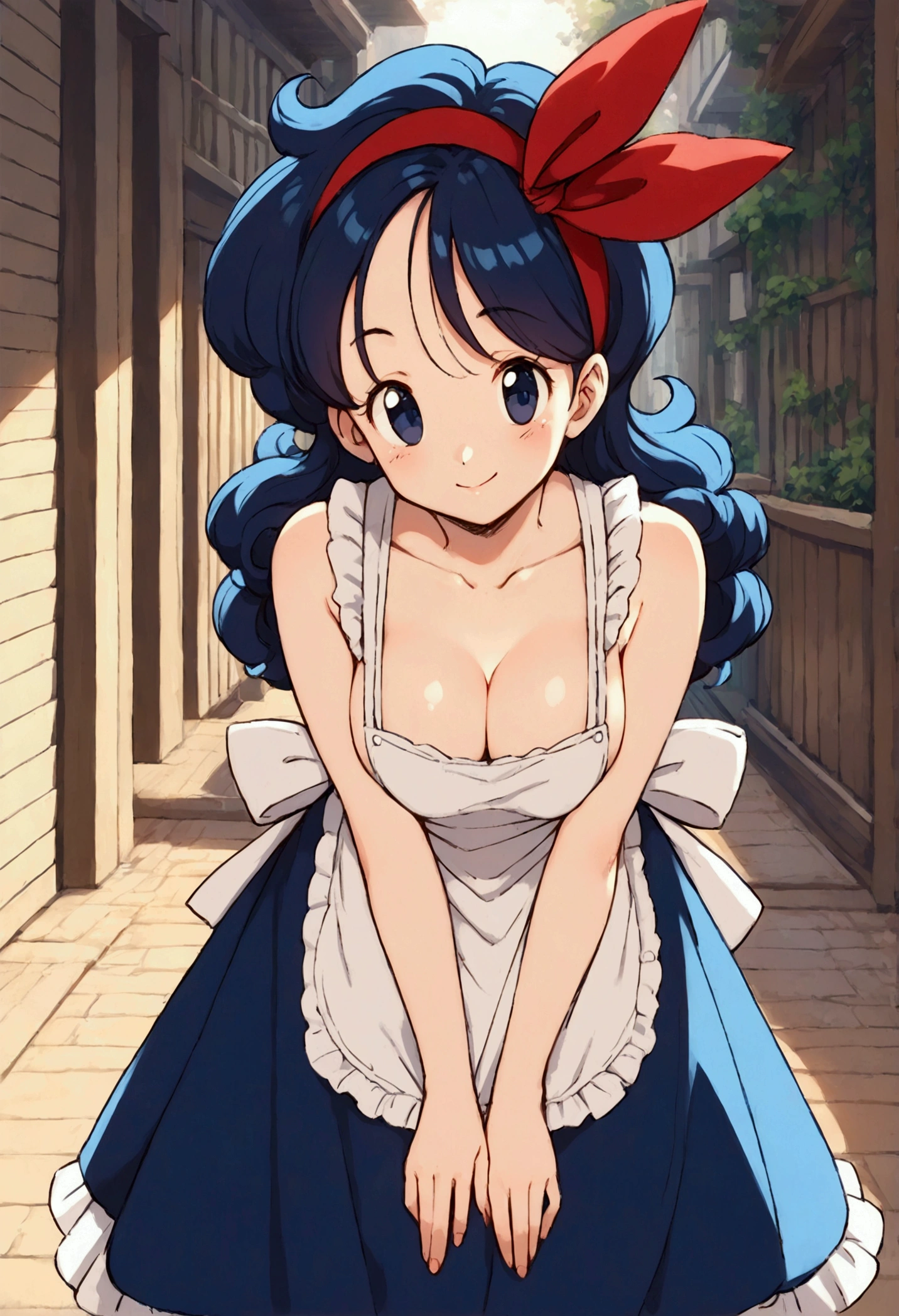 score_9, score_8_up, score_7_up,score_6, score_5, score_4,BREAK ,(breast focus:1.5),from above, looking at viewer, cowboy shot, 1girl, launch good, blue eyes, blue hair, long hair, curly hair,smile,press breasts together,leaning forward, ribbon, red hairband, apron, long dress, blue dress, pantyhose, high heels, bare hands ,big breasts, anime style, key visual, vibrant, studio anime,highly detailed,masterpiece, best quality, best aestethic, absurdres,cinematic lighting,(cell anime)