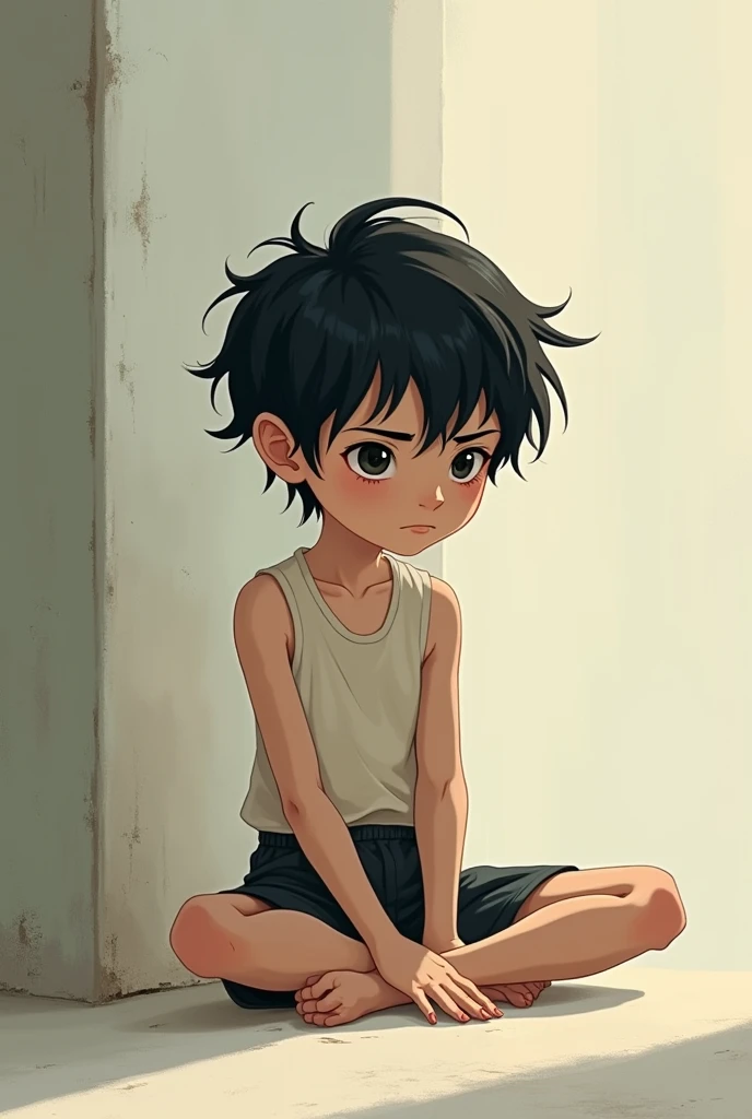 1 , kid, with a messy short brown hair and green eyes, short white shirt, shorts, blushing, in a bedroom