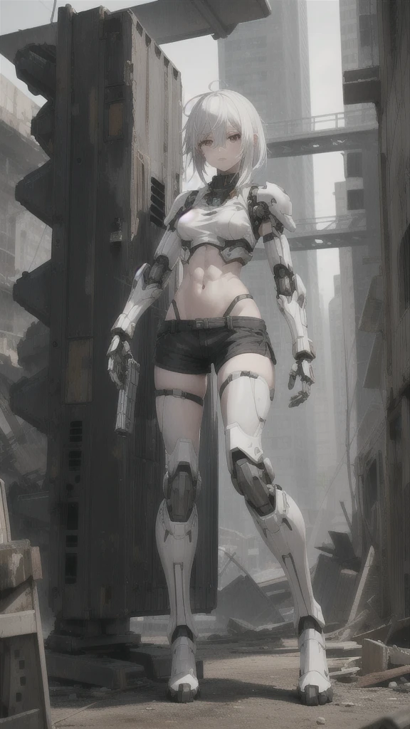 High quality, masterpiece, Anime, anime girl, one anime girl, short hair, white hair, scar, cute face, purple eyes, serious face, curvy body, sexy, athletic body, abs, warrior, holding sci fi gun, sci fi, futuristic cyberpunk, military, futuristic military, cyberpunk military, sexy clothes, skimpy clothes, camouflage cyberpunk armor, armor like halo, outside with futuristic tank, Empty battlefield