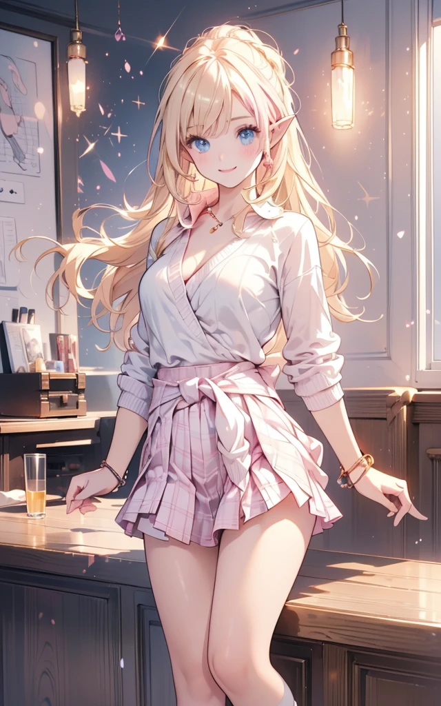 1 girl, Arrange pose,Top quality work,Show Legs,((short wavy Creamy Golden Blonde hair)),(Creamy Blonde hair),(short Two Ponytail Half Up),(wavy hair),(golden eyes), Rose cheeks, Pretty Face, A perfectly proportioned face, wearing pink corset and pink plaid skirt, white stockings,full-body view, amazing, Large round chest、Beautiful eye details、Beautiful eyelashes、beautiful double eyelid, with blush cheeks,