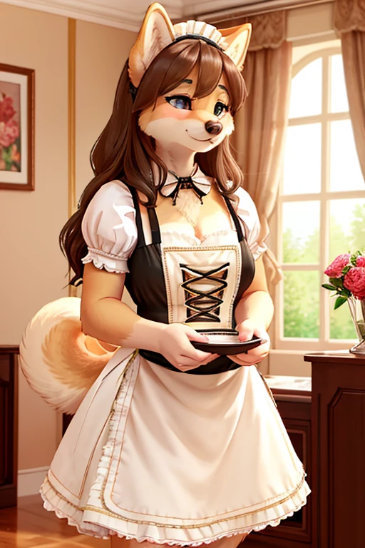 4k highly detailed realistic digital extremely high quality drawing, masterpiece, (by cutesexyrobutts), (uploaded on e621), (a three-quarters portrait of a female anthro wolf), (kneeling, collar, maid outfit, open mouth, submissive), (looking up at viewer, high angle POV), (beautiful and detailed eyes: 1.1), detailed fur, seductive, sexy, voluptuous, curvy body, cinematic lighting, (f1.8 short focus bokeh)