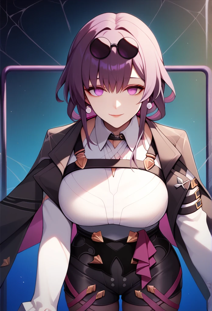 One Girl,Kafka, Purple eyes, Purple Hair, bangs, Side Lock, Please put your glasses on your head, earring, White shirt, Collared shirt, Long sleeve black jacket, Jacket on shoulders, Harness, Large Breasts, Purple gloves, Black shorts, High Waist Shorts, Purple thigh straps, pantyhose, Single thigh high boots,There are no students, Black choker, ring, Expose your shoulders, pearl earring, Armband,masterpiece, Anatomically correct, 8k,(background,Fluorescent purple spider web pattern,detailed),Cowboy Shot, Composition looking up from below,A seductive smile, Spread your arms