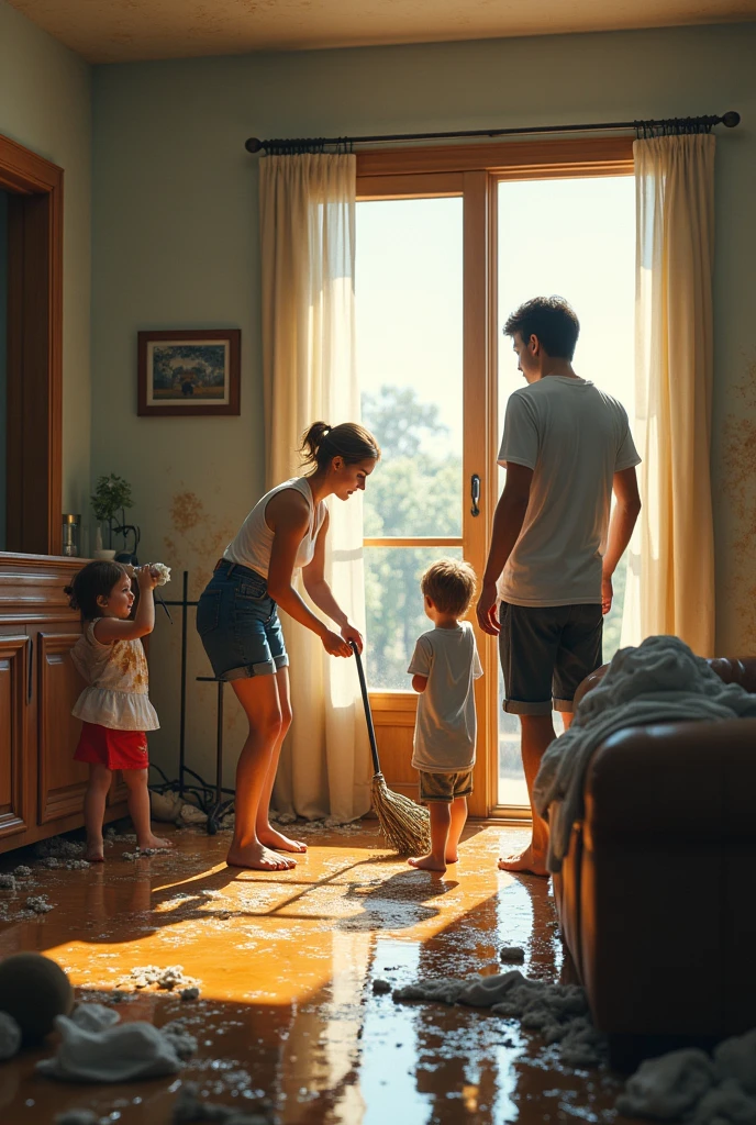 realistic image. Mom, 35 years old, hair tied up, worried, running after a child, a . perfect lighting. kitchen backgroud of an ordinary house, neutral colors. High quality 4k image. kinematics.