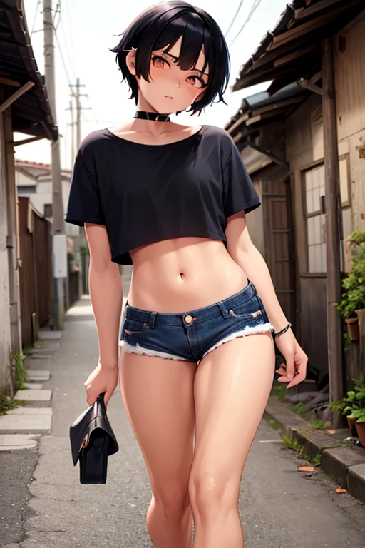 Black haired, dark skinned boy　１３Year old boy　Black short hair　mini denim shorts　mini t shirt　Navel sticking out　A deserted alley at night　Savage Face　Angry　Stepping on the viewer