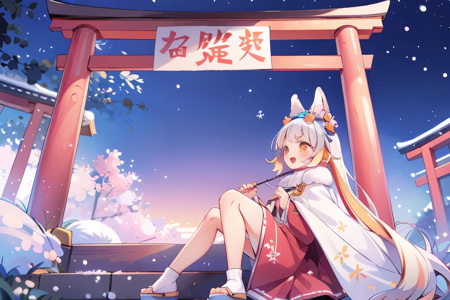 1girl, (high quality:1.2), (ultra detailed:1.2), ((absurdres)), (masterpiece), from side, CG, kaia, cute face, perfect body, white hair, very long hair, orange eyes, two-tone hair, hair ornament, fox ears, fox tail, multiple tails, hanfu, winter hanfu, Cloak, open mouth, smile, sitting, Reach out to catch the snowflakes, looking up, night, snowing, snowflake, snow, Torii gate, stone steps, shrine architecture, Comfortable tones,