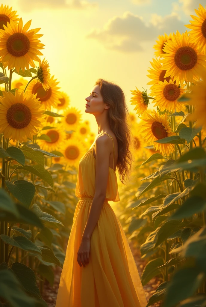 Beautiful japanese wowan stands in a field of sunflowers, bathed in the warm hues of the setting sun. Her silhouette glows golden in the twilight, blending seamlessly with the towering sunflowers around her. Her hair and dress sway gently in the breeze, evoking the peaceful end of summer. The sky stretches out behind her, with the sun dipping low, painting a dreamy, vibrant canvas.