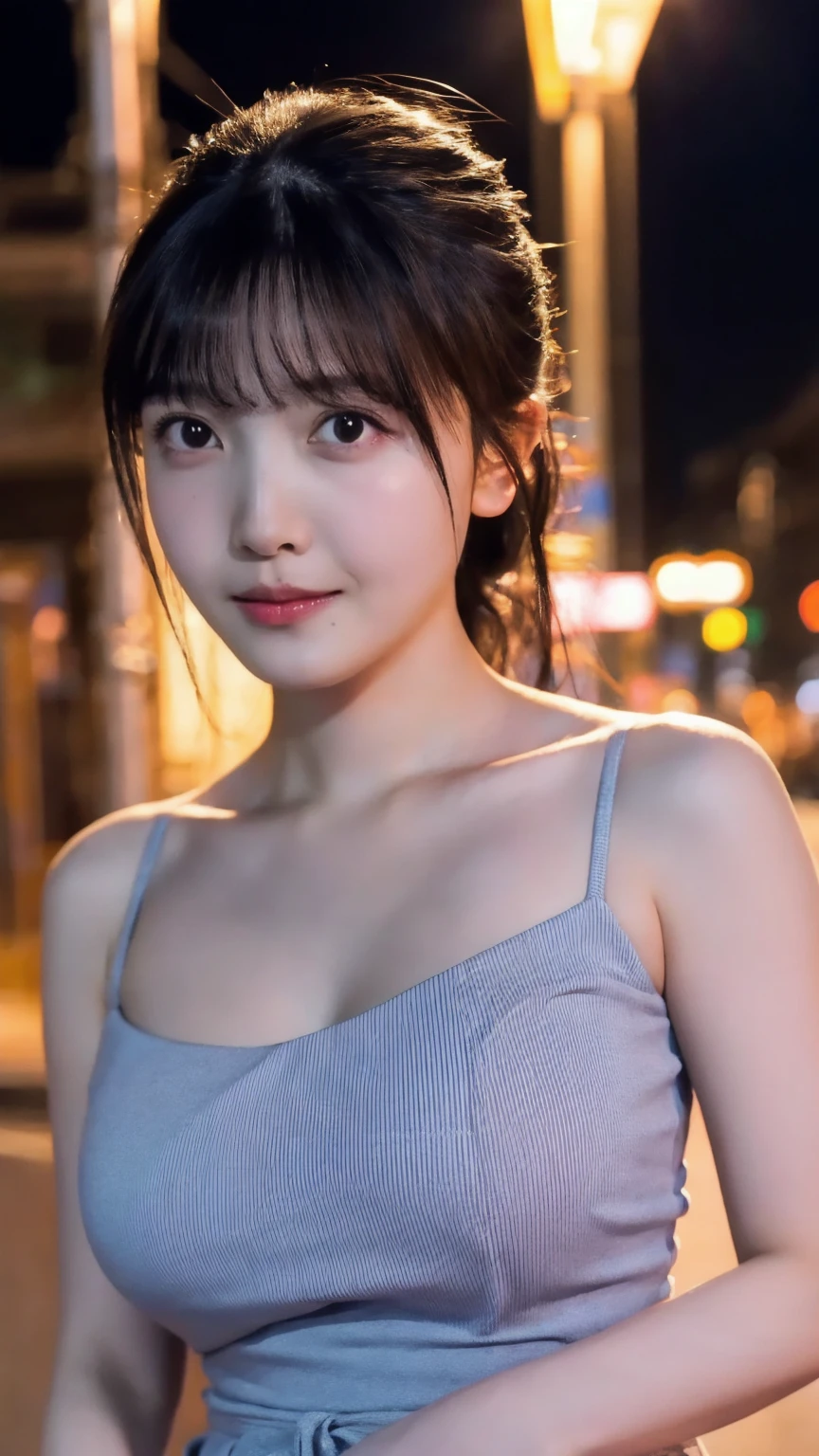 1girl, Tokyo street,night, cityscape,city lights,upper body,close-up,smile,, (8k, RAW photo, best quality, masterpiece:1.2),(realistic, photo-realistic:1.37),