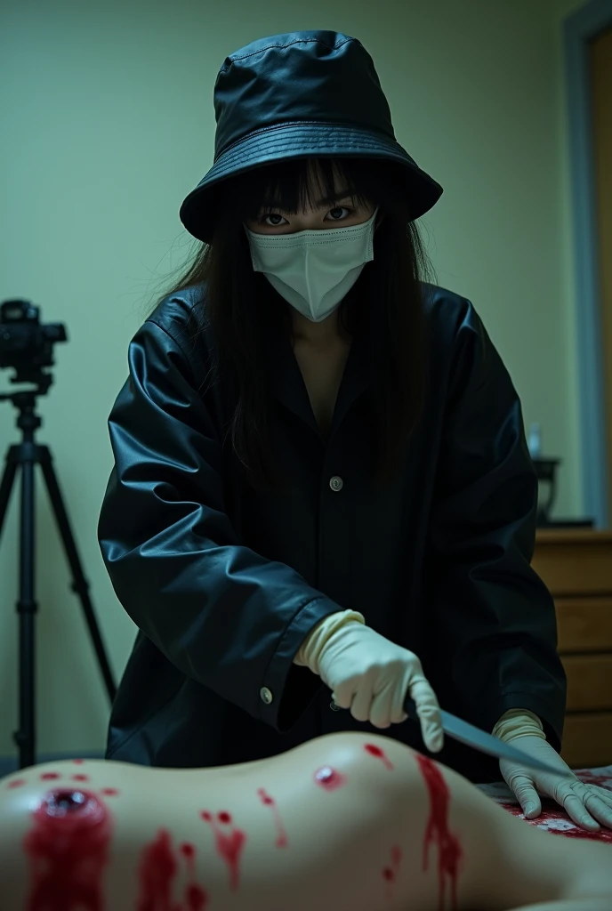 korean girl, (behind stiff, holding knife), black surgical mask, black gloves, torture chamber, black raincoat, holding knife, bucket hat, black gloves, woman on top, looking at viewer, behind cadaver, blood splatter, night, mass murderer, killer, wavy hair, blood splatter, dark atmosphere, cinematic lighting, neon light, tripod and camera in the back, shooting with camera