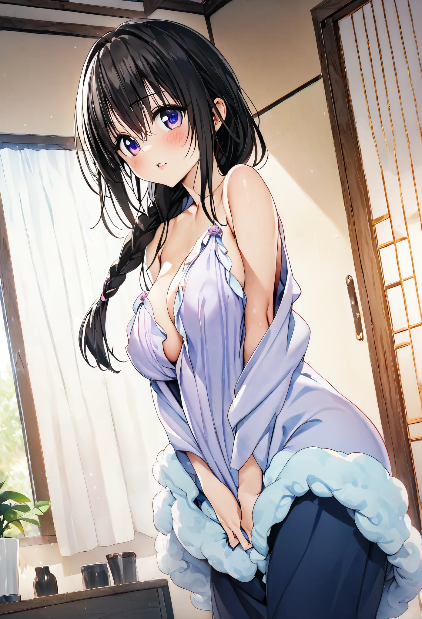 ((masterpiece,Best Quality,8k,Ultra-high resolution)),  1 person　、Adult women in their 20s　,  Momo Juvenile Deviluke,                                     Browse your audience　、　blush　 、     Black Hair　　、　Braided Ponytail　, Long Hair　　 、corsage　Light purple eyes　、　The body is slim　,   Big Breasts　、　Fluffy clothes、　Very short pants　、　Japanese-style room