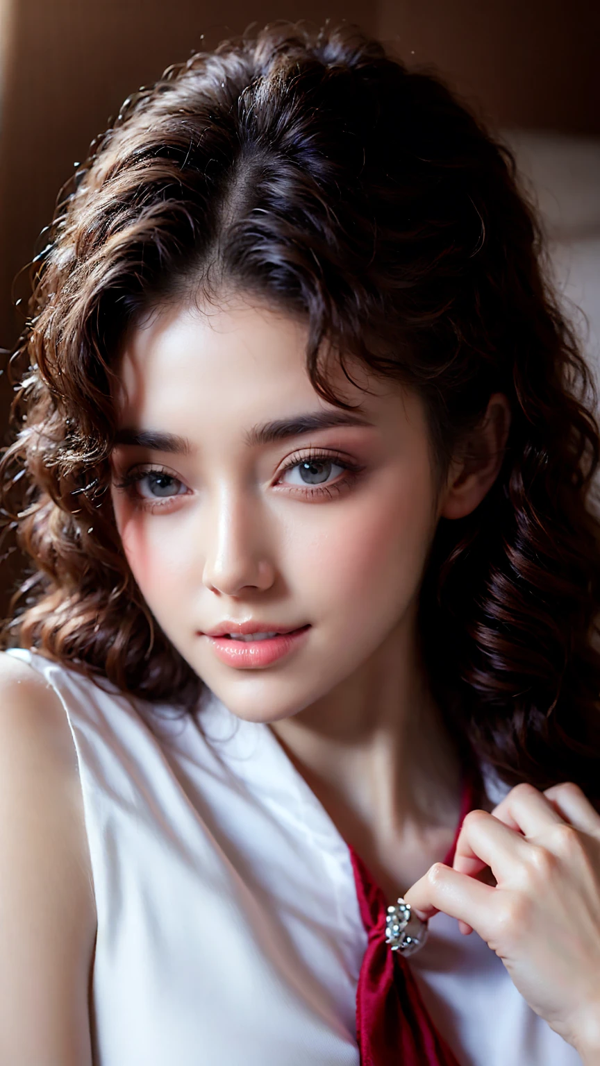 photorealistic, masterpiece, best quality, raw photo, 1girl, solo, long hair, brown hair, detailed face, alluring face, collared shirt, medium breasts, dynamic pose, looking at viewer, from below, detailed background, fine detailed, intricate detail, ray tracing, depth of field, low key, hdr,A strikingly beautiful 24-year-old girl with stunning features, captured in exquisite detail with an 8k resolution. Her short, hair frames her delicate face, revealing her highly detailed glossy eyes with double eyelids. Her skin is pale, smooth, and clean, accentuating her natural, round medium breasts with cleavage visible through her pale cotton vest. The ornate embroidery patterns on the vest add a touch of elegance to her slender figure, emphasized by nicely shaped hands. The bedroom is dimly lit, creating a low-key, dark theme with an "in the dark" atmosphere, allowing every intricate detail of the girl's features and attire to stand out. She is laying on a bed with pillows, her head propped up on one as she gazes directly at the camera with a seductive smile, her glossy lips parted slightly and her expressive eyes shining bright. The focus is sharp, enhancing the realism of the image, which showcases her gorgeous figure and enchanting presence to its fullest extent., perfect detailed face, full glossy lips, detailed eyes, detailed nose, detailed teeth