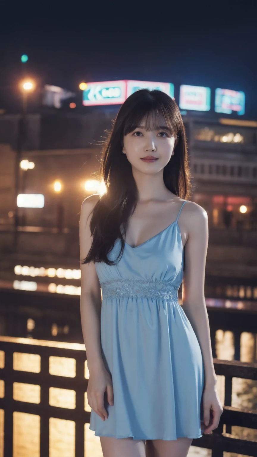 1girl,(wearing a blue evening mini dress:1.7),(RAW photo, best quality), (realistic, photo-realistic:1.4), masterpiece, an extremely delicate and beautiful, extremely detailed, 2k wallpaper, Amazing, finely detail, extremely detailed CG unity 8k wallpaper, ultra-detailed, highres, soft light, beautiful detailed girl, extremely detailed eyes and face, beautiful detailed nose, beautiful detailed eyes,cinematic lighting,city lights at night,perfect anatomy,slender body,light smile,close up,(long hair with bangs), (big breast), (hips shot, medium body shot)