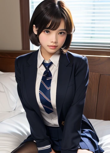 (8K, RAW Photos, Highest quality, masterpiece:1.2), masterpiece, super detailed, super high quality, (Realistic and photorealistic photography:1. 37), High-resolution RAW color photos, Very delicate and beautiful, highly detailed, 8k wallpaper, wonderful, detailed, Very eye, very detailed, very detailed skin, very thin fingers, very detailed nose, very detailed mouth, Perfect Anatomy, BREAK, (2 girls, japanesgirls:1.2), Colossal tits, short bob hair, black hair color, huge breasts, very huge round breasts, Beautiful makeup, glitter makeup, Big Natural Color Lip, perfect body shape, crying a little, beautiful legs, beautiful legs, Voluptuous thighs, BREAK, High school girl uniform, blazer, Super Short Check Uniform Skirt, Navy blue high socks, BREAK, The background is a luxury hotel room