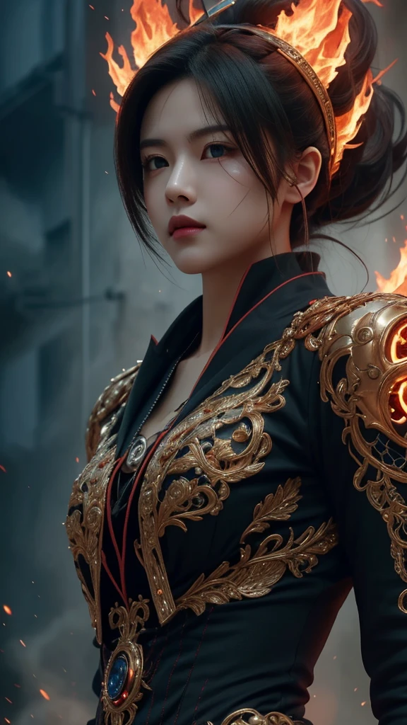 Fubuki 's face, half-human and half-machine, adorned with intricate gears and wires, her eyes glowing with a fiery intensity. She hovers above a bustling city, her body engulfed in flames, a symbol of power and destruction.